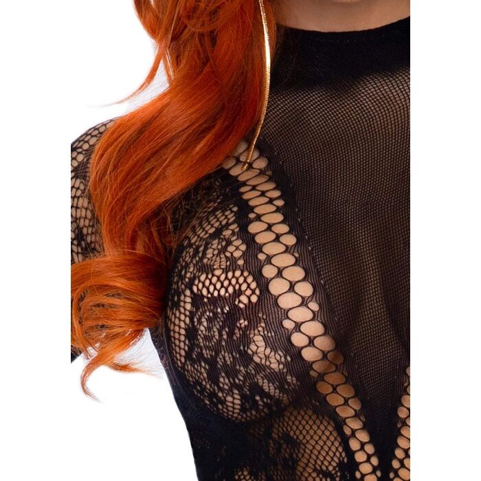 Body fishnet cu dantela Leg Avenue negru, detaliu talie si plasa