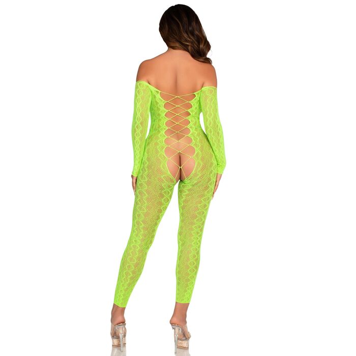 Body dres print sarpe Leg Avenue verde neon, vedere din fata cu decolteu adanc