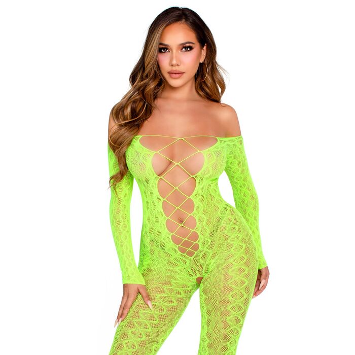Body dres print sarpe Leg Avenue verde neon, vedere completa din fata