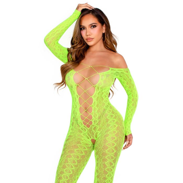 Body dres print sarpe Leg Avenue verde neon, detaliu maneci lungi si plasa