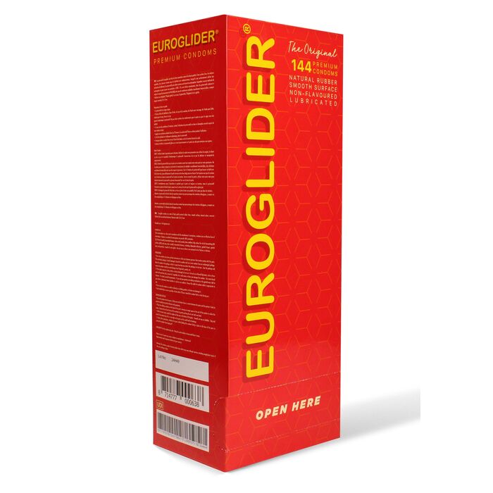 Prezervative din latex natural Euroglider pachet economic 144 bucati, cutie vedere laterala