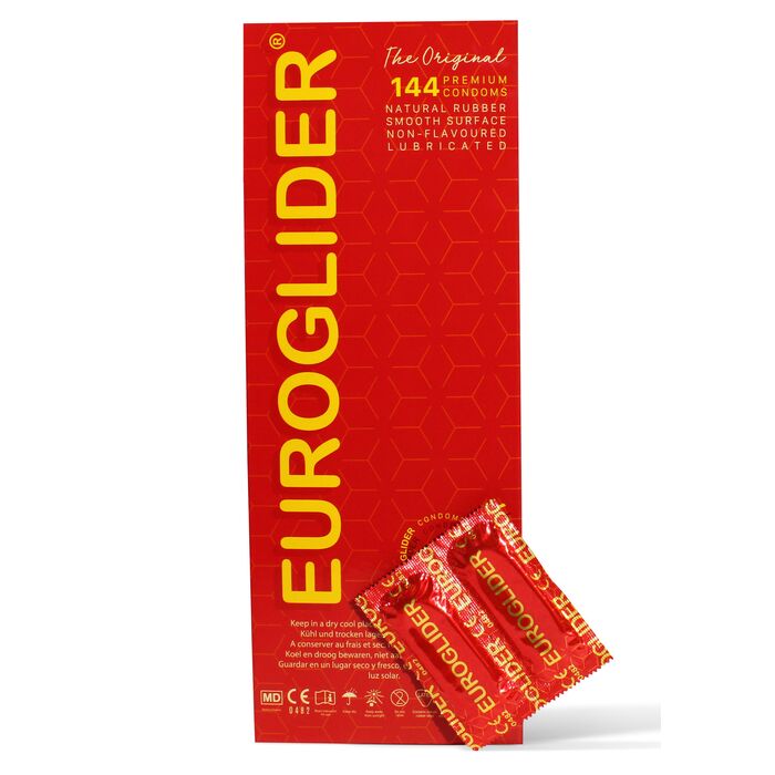 Prezervative din latex natural Euroglider pachet economic 144 bucati, cutie vedere din fata