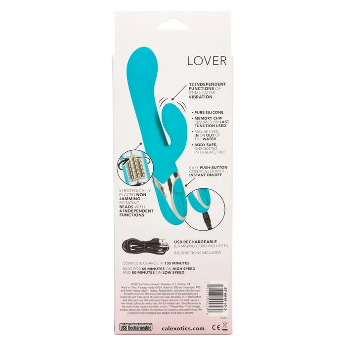Vibrator Rabbit CalExotics Enchanted Lover, Turcoaz, 12 Vibratii, 4 Rotatii spate cutie
