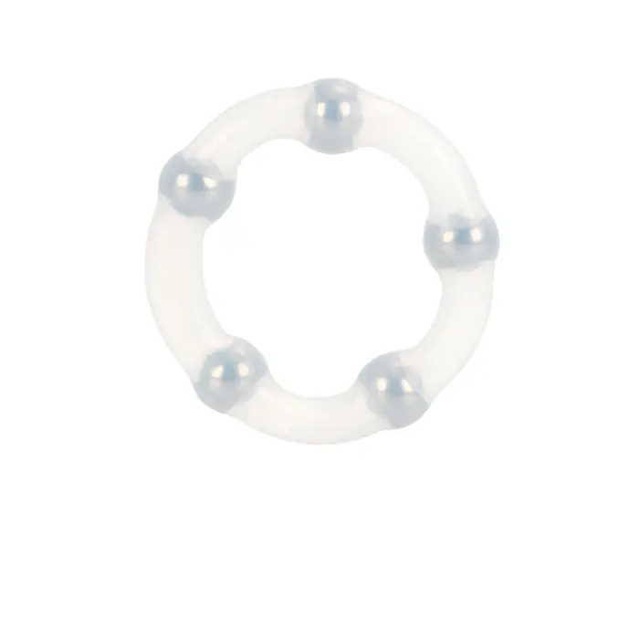 Inel penis din silicon cu bile metalice CalExotics transparent, detaliu bile incastrate