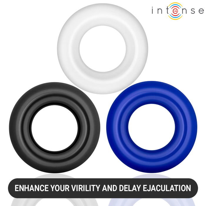 Cele 3 inele Intense Wick pe fundal alb, cu mesajul Enhance your virility
