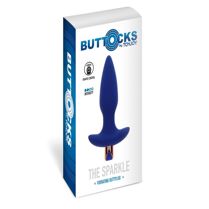 Dop anal vibrator The Sparkle ToyJoy albastru, vedere din unghi, motor vizibil la baza