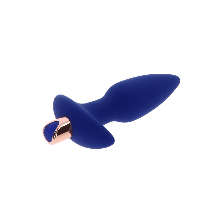 Dop anal vibrator The Sparkle ToyJoy albastru, vedere completa din fata, finisaj auriu rose la baza