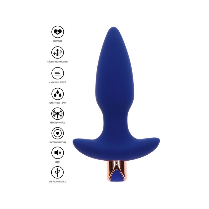 Dop anal vibrator The Sparkle ToyJoy albastru, infografic dimensiuni 13.5 cm lungime, 3.5 cm diametru