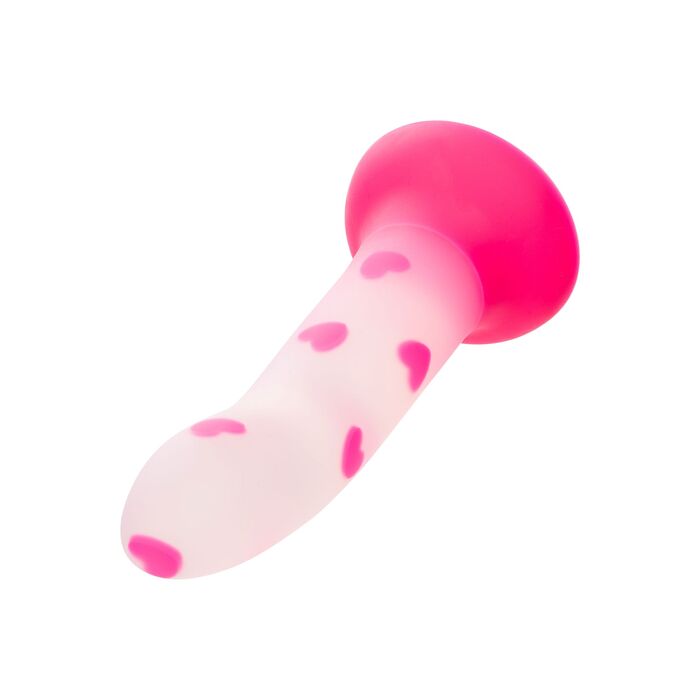 Dildo cu ventuza Glow Stick Heart CalExotics fosforescent, vedere din alt unghi