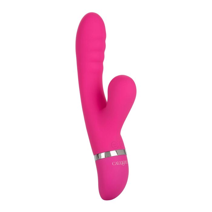 Vibrator rabbit cu suctiune Foreplay Frenzy Pucker CalExotics roz, vedere completa cu tija striata si brat stimulator