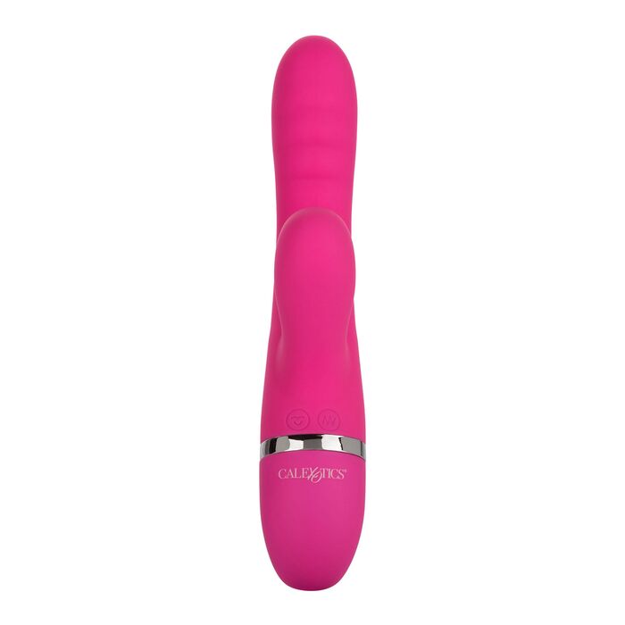 Vibrator rabbit Foreplay Frenzy Pucker CalExotics roz, vedere din fata cu bratul de suctiune