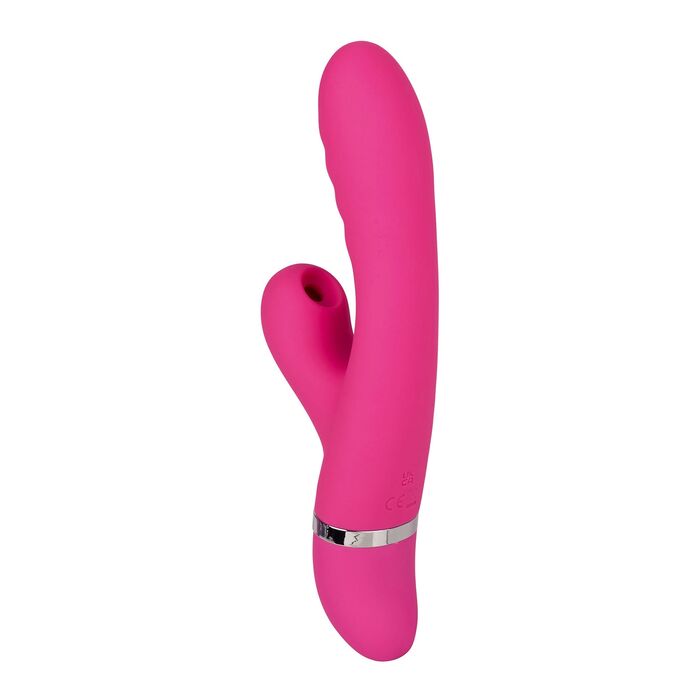 Vibrator rabbit Foreplay Frenzy Pucker CalExotics roz, vedere din spate cu marcaje CE si UKCA
