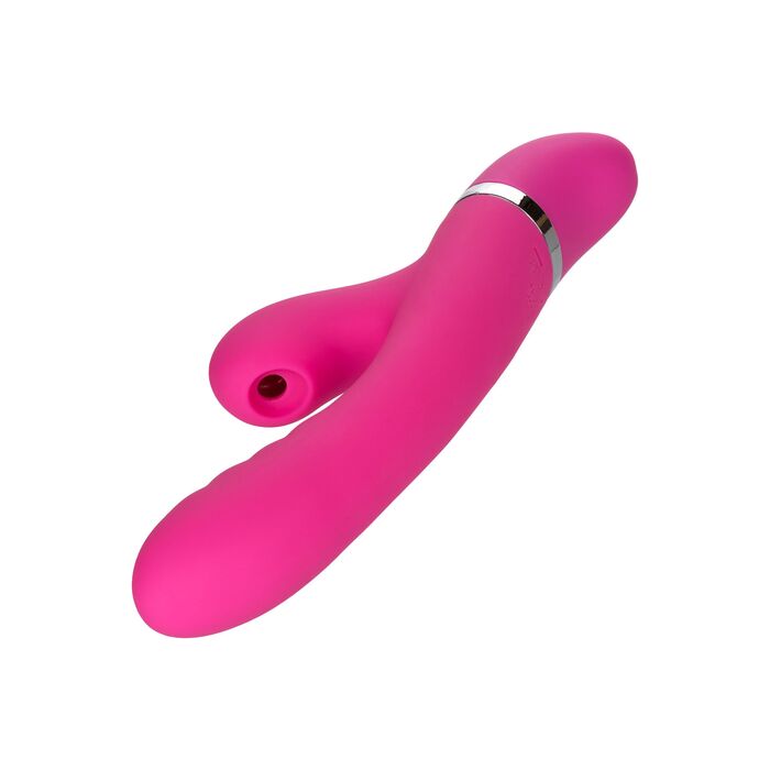 Vibrator rabbit Foreplay Frenzy Pucker CalExotics roz, vedere diagonala cu ambele capete