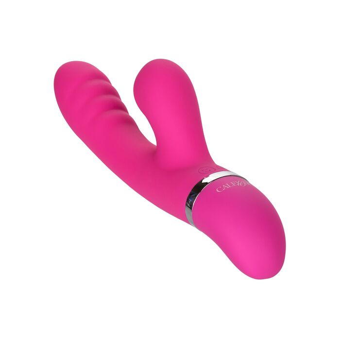 Vibrator rabbit Foreplay Frenzy Pucker CalExotics roz, vedere diagonala cu butoane si logo CalExotics