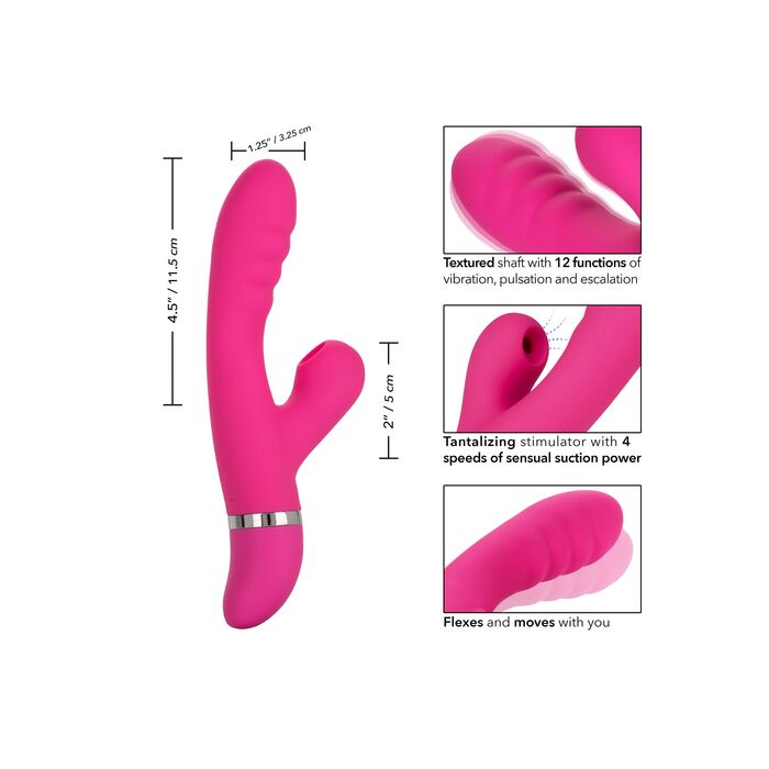 Vibrator rabbit Foreplay Frenzy Pucker CalExotics roz, infografic dimensiuni si functii