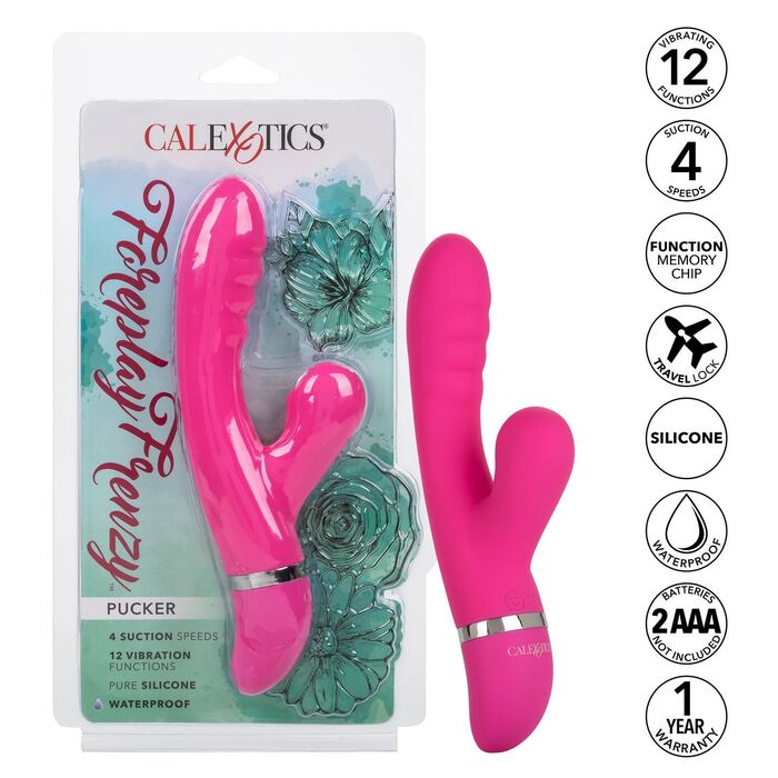 Vibrator rabbit Foreplay Frenzy Pucker CalExotics roz, cutia si produsul cu iconite de functii