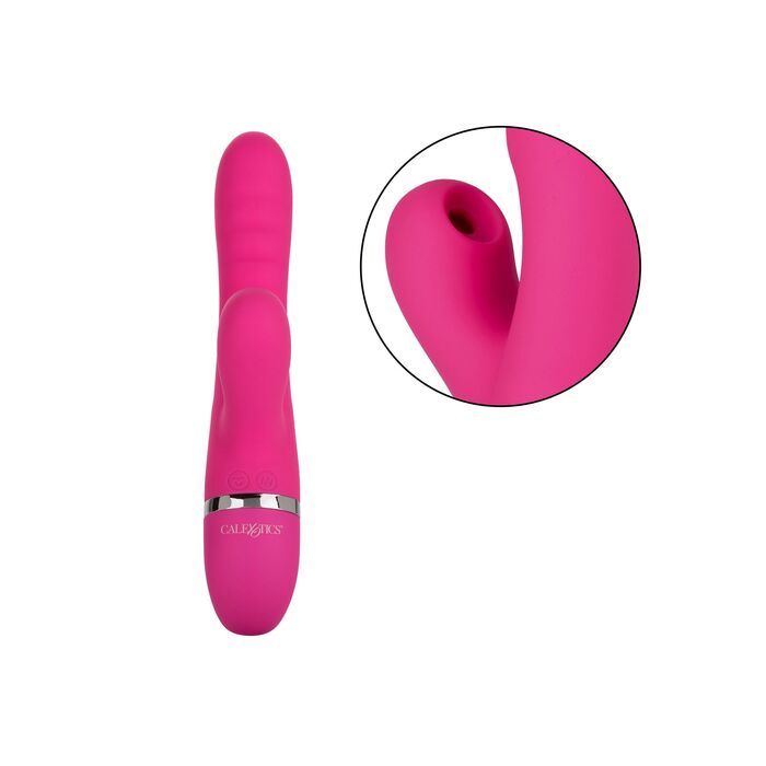 Vibrator rabbit Foreplay Frenzy Pucker CalExotics roz, vedere completa cu detaliu varf de suctiune