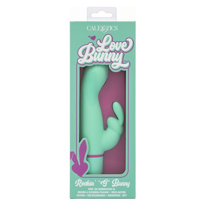 Vibrator rabbit cu balansare Rocking G Bunny CalExotics verde, detaliu varf striat