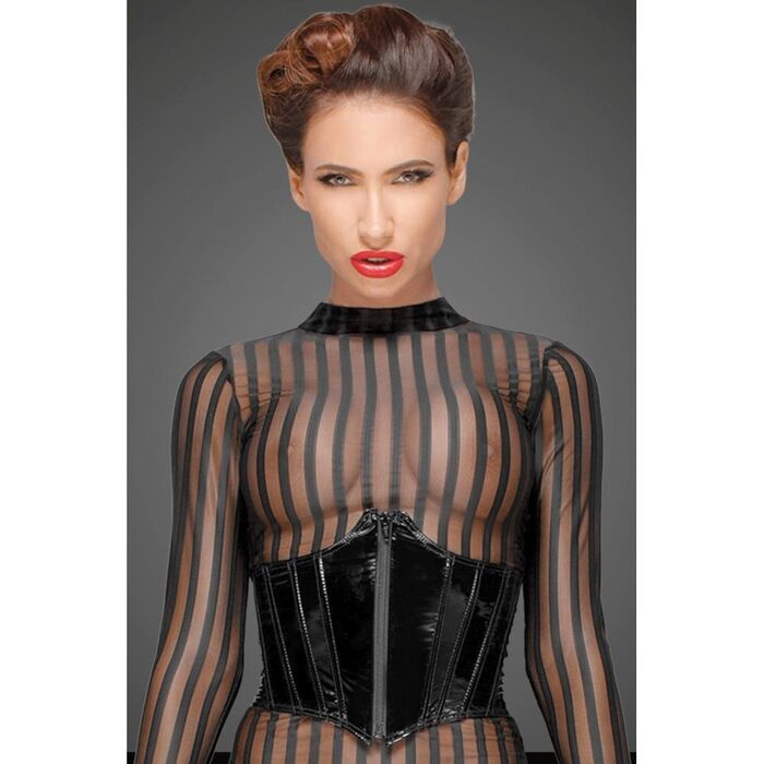 Rochie Neagra Semi transparenta cu dungi, din tul elastic cu dantela, Noir Handmade