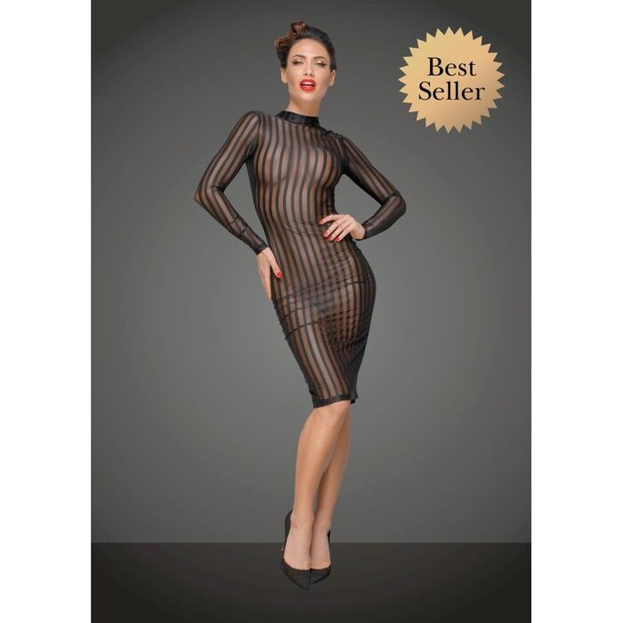 Rochie Neagra Semi transparenta cu dungi, din tul elastic cu dantela, Noir Handmade
