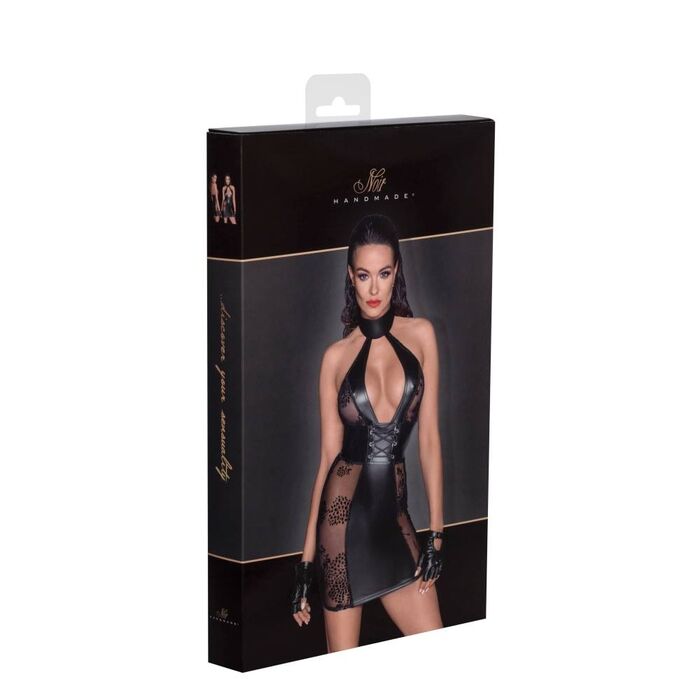 Rochie cu aspect ud, cu panouri transparente si sireturi tip corset, Noir HandMade