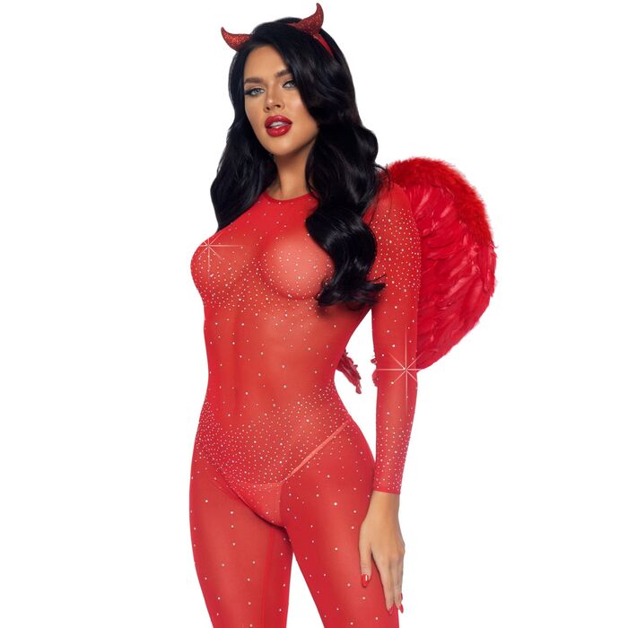 Catsuit Transparent cu Strasuri Leg Avenue, Rosu