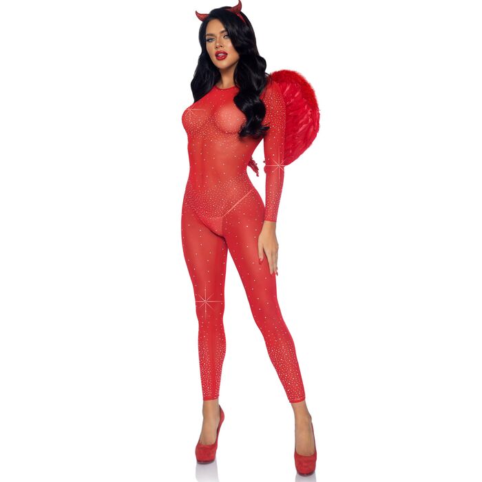 Catsuit Transparent cu Strasuri Leg Avenue, Rosu