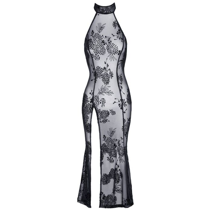 Rochie lunga din tul cu broderie aspect floral, Noir Handmade - neagra