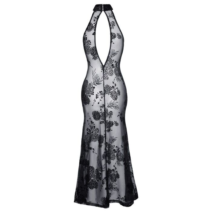 Rochie lunga din tul cu broderie aspect floral, Noir Handmade - neagra