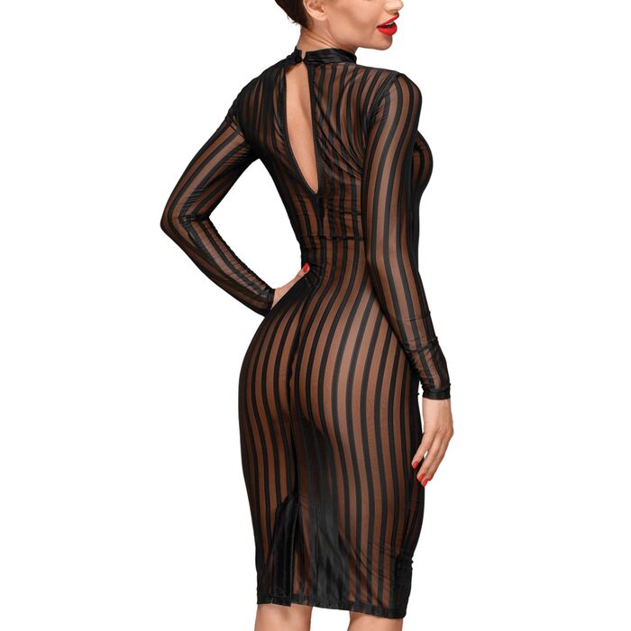 Rochie Neagra Semi transparenta cu dungi, din tul elastic cu dantela, Noir Handmade spate partial
