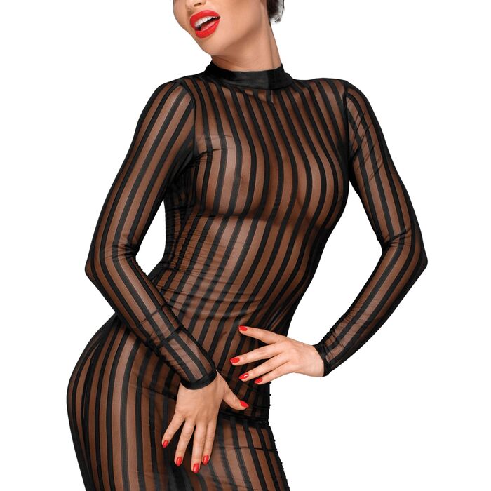 Rochie Neagra Semi transparenta cu dungi, din tul elastic cu dantela, Noir Handmade prim plan