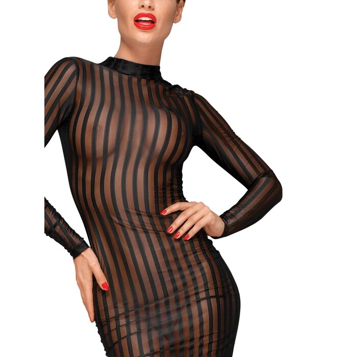 Rochie Neagra Semi transparenta cu dungi, din tul elastic cu dantela, Noir Handmade vedere prim plan