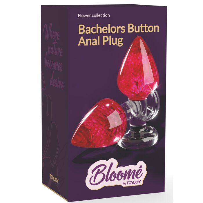 Plug anal Bachelors Button by ToyJoy, rosu, vedere frontala cu floarea reala conservata in rasina