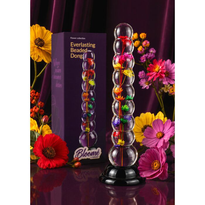 Dildo cu bile Everlasting Bloom by ToyJoy, multicolor, vedere de ansamblu pe fundal cu flori