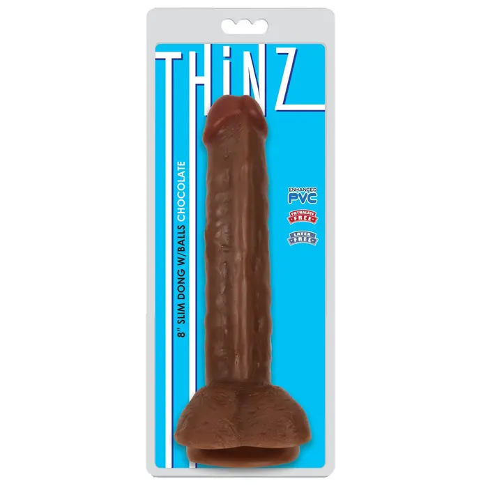 Dildo fin cu testicule Thinz 8 inch by Curve, maro, cutia originala 8 inch Slim Dong w/Balls Chocolate