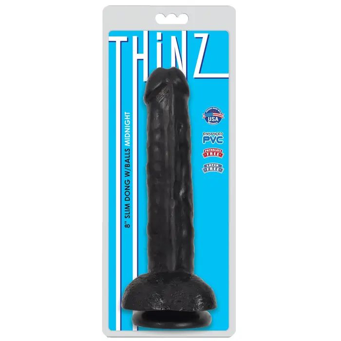 Dildo fin cu testicule Thinz 8 inch by Curve, negru, cutia originala 8 inch Slim Dong w/Balls Midnight