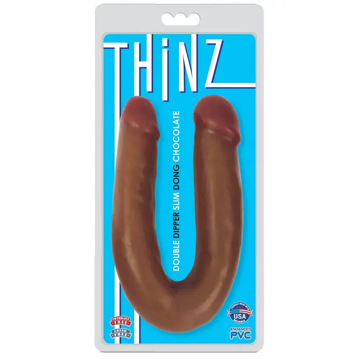 Dildo dublu fin Thinz Double Dipper by Curve, maro, cutia originala Double Dipper Slim Double Dong Chocolate