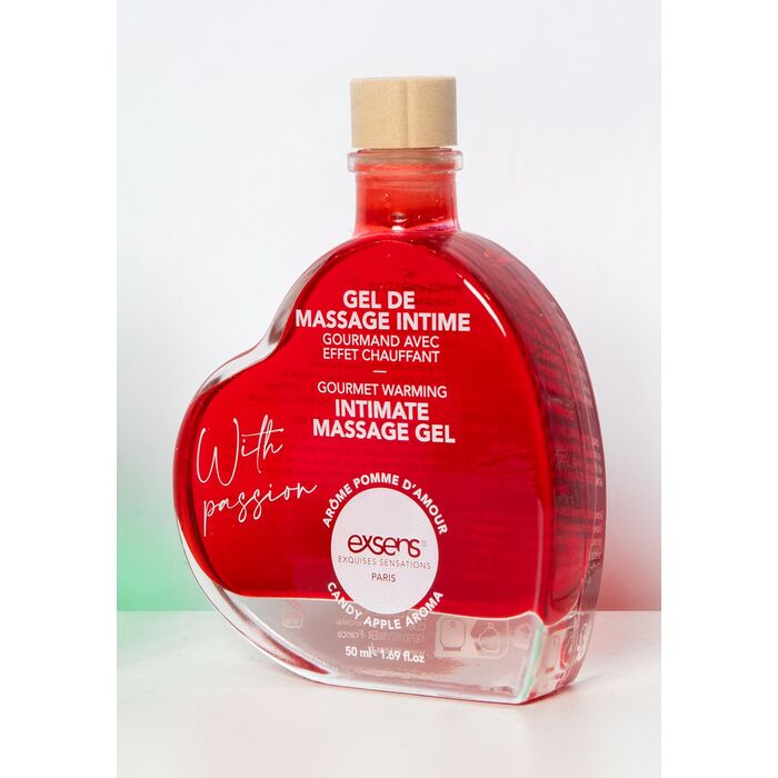 Gel de masaj incalzire cu aroma de mar candy With Passion by Exsens, detaliu sticla cu gel rosu intens