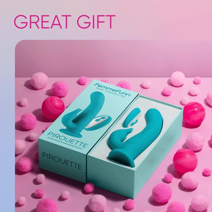 Vibrator rabbit cu rotatie si telecomanda Pirouette by Femme Funn, turcoaz, cutie cadou deschisa