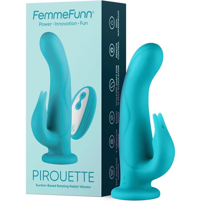 Vibrator rabbit cu rotatie si telecomanda Pirouette by Femme Funn, turcoaz, cutie originala cu pictograme de functii