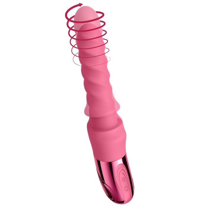 Vibrator rotativ cu impingere Swirl She.E.O, roz, vedere completa cu capul rotativ ilustrat