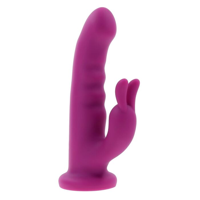Vibrator rabbit rotativ Fluffle by Evolved Playboy, roz, vedere completa cu tija si urechi de iepuras