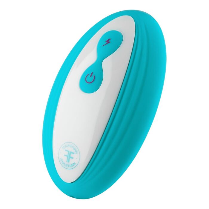 Vibrator rabbit cu rotatie si telecomanda Pirouette by Femme Funn, turcoaz, detaliu telecomanda cu buton turbo