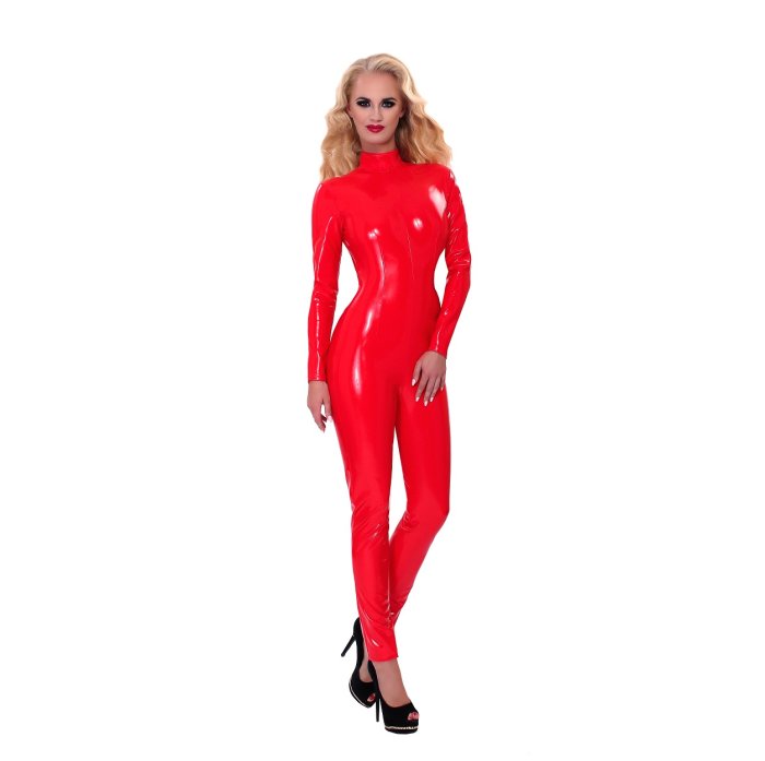 Salopeta Overall Latex Rosu# - vedere frontala