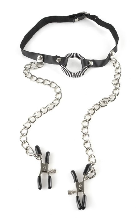 Set Bondage Pipedream "O-Ring Gag with Nipple Clamps" - Negru - dimensiuni complete