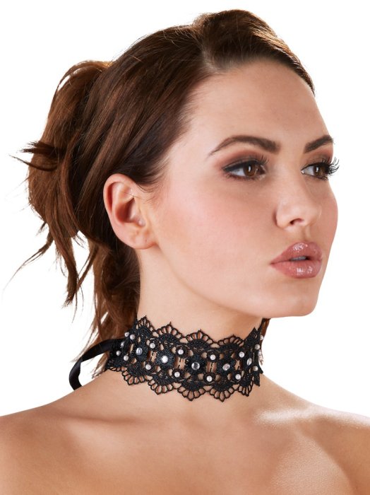 Choker Elegant Dantela Neagra cu Strassuri# - vedere frontala