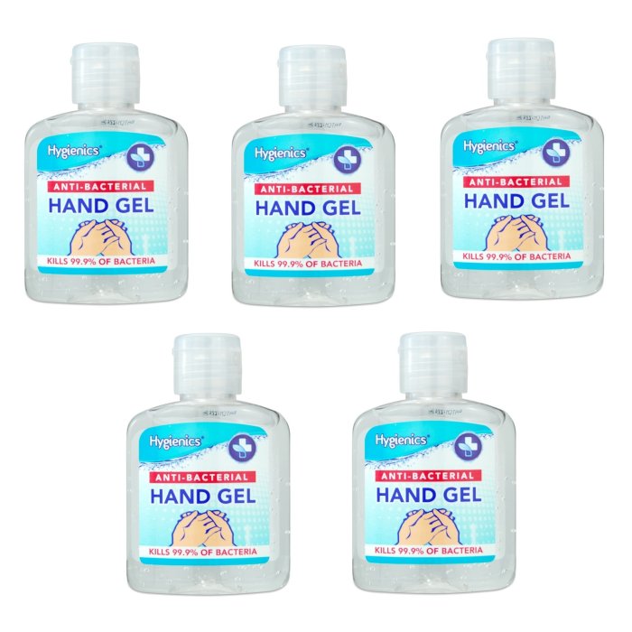 Set 5 Geluri 50 ml, Antibacteriene Hygienics, cu 70% Alcool, 250 ml - vedere frontala