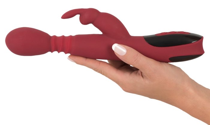 Vibrator Rabbit Rosu cu Rotatii, Vibratii, Incalzire si Lovitura de Ciocan - dimensiuni complete