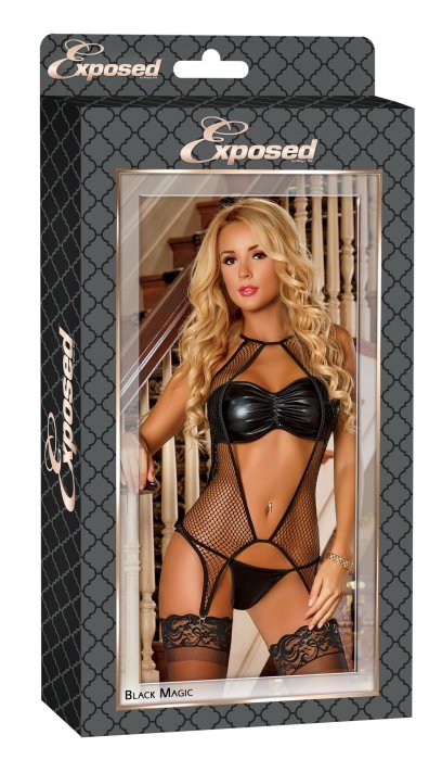 Body portjartier, bustiera latex, chiloti latex, Black Magic, Exposed by Magic Silk Collection, S-M# - dimensiuni complete