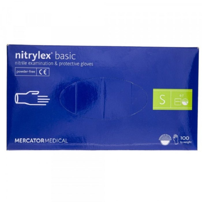 Manusi Examinare nitril, nepudrate, Nitrylex Basic, 100buc/cutie, marimea S, culoarea albastru